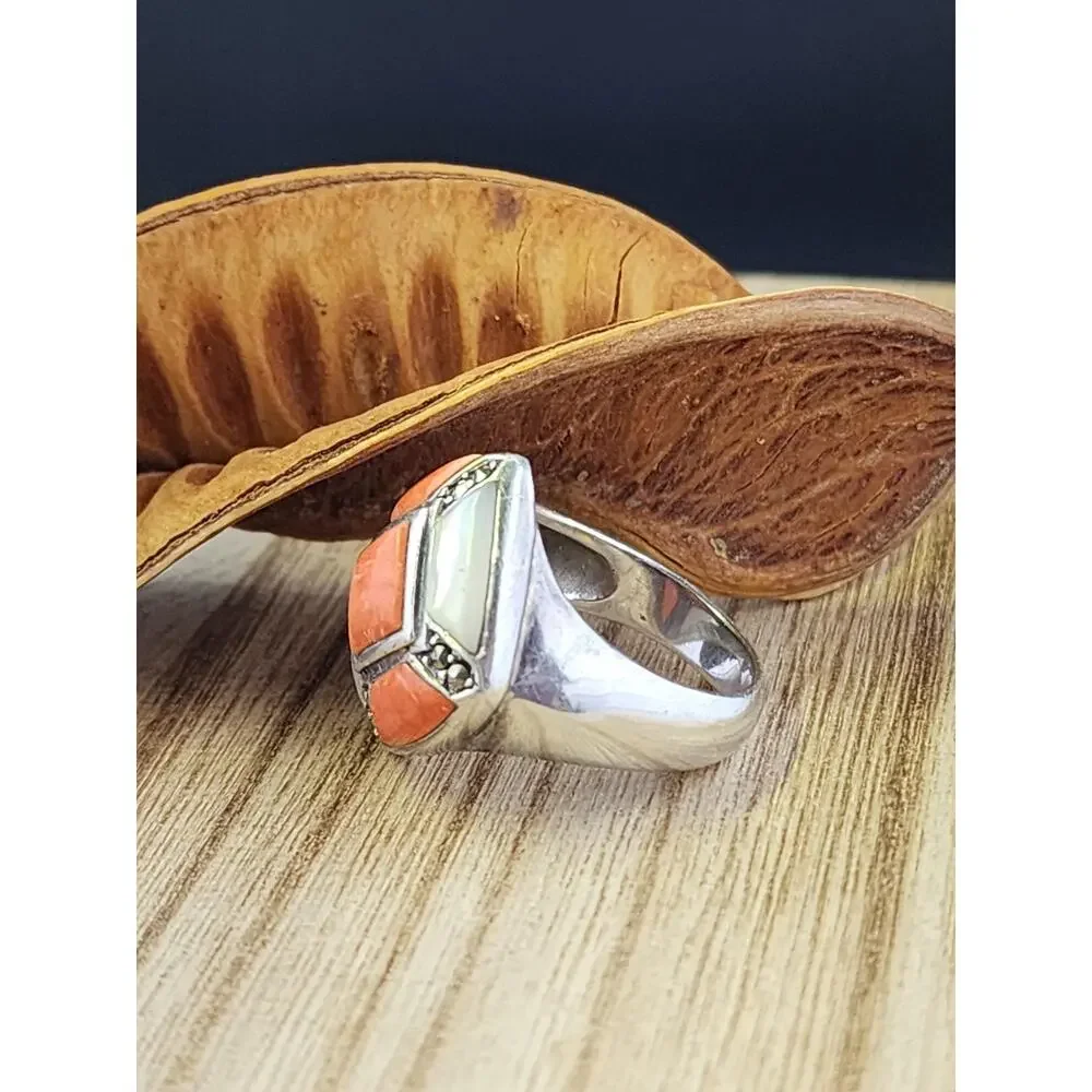 Coral / Mother or Pearl / Marcasite Size 9 - .925 ring